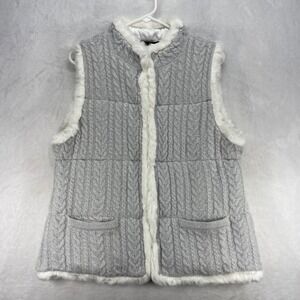 Talbots Sweater Vest‎ Faux Fur Trim Cable Knit Pockets Gray Womens Size L
